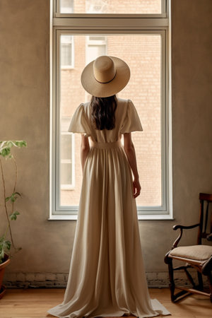 Closeup portrait from back of slim romantic girl in light dress looking at old wall Outdoor photo of blonde curly lady in straw hat with ribbon posing on brick background : Generative AIの素材