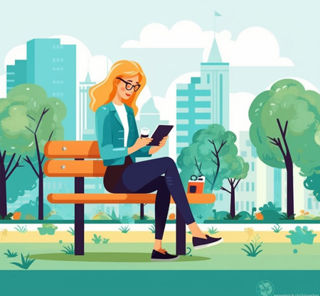 Happy young caucasian woman flipping through playlist on smartphone sitting on bench in park Blonde wears headphones Tshirt and jeans Concept of rest time use : Generative AIの素材