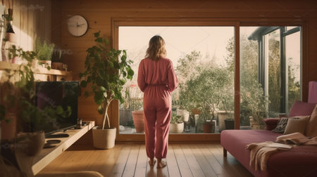 Full length view of pensive woman in headphones standing near window Stylish girl spending time at home : Generative AIの素材
