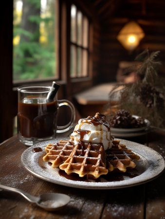 Photo of female hands on wooden table holding forks Snapshot of plate with waffle maple syrup tomatos and poached eggs : Generative AIの素材