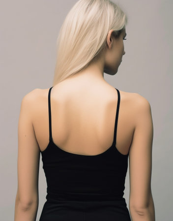 Portrait from back of cute european girl wears black tanktop Gorgeous young woman with straight hair looking over shoulder with smile : Generative AIの素材