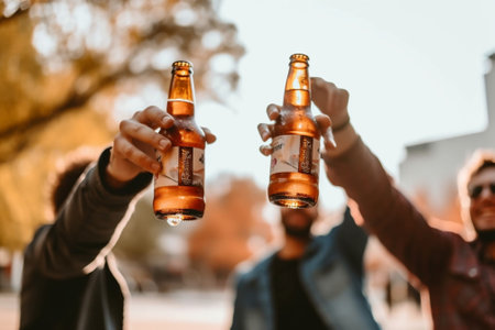 Excited young men in white trendy tshirts and checkered shirts rejoice and hold beer bottles on orange isolated background : Generative AIの素材