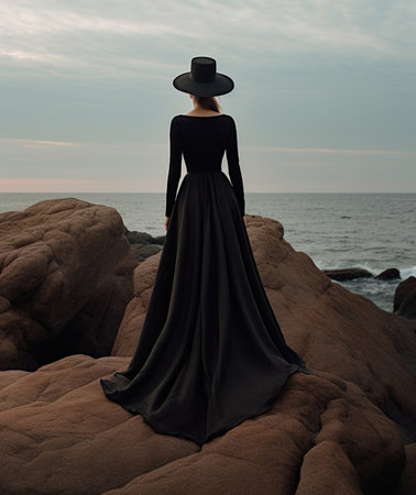 Outdoor portrait of inspired woman in long black dress standing beside sea and looking at city Goodlooking girl in hat spending weekend at lake and posing on sky backgrou : Generative AIの素材