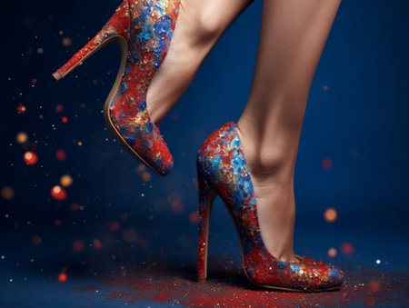 Photo of female legs on red confetti European girl holding blue cup of beverage : Generative AIの素材