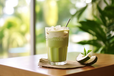 Photo of cup of matcha green tea with coconut milk Snapshot of glass of latte wooden spoon and yellow tropical flower : Generative AIの素材