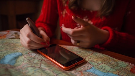 Lovely girl in knitted hat and mittens examines map of sights Woman in red coat holding cardboard glass and retro camera : Generative AIの素材