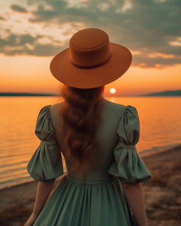 Portrait from back of ginger girl in straw hat decorated with ribbon Outdoor shot of elegant redhaired lady in yellow dress posing on street background : Generative AIの素材