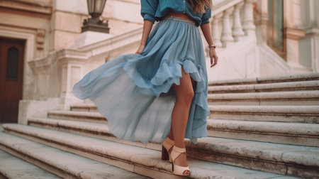 Fulllength portrait of young woman in black sandals on city heel whirling in blue skirt and blouse on isolated background : Generative AIの素材