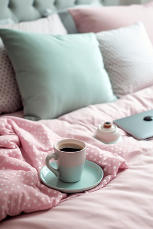 View from above little white dog chilling on pink blanket on bed surround phone laptop Enjoying home time with domestic pets of pretty woman with cup of coffee relaxing i : Generative AIの素材