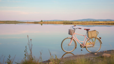 Slim pretty girl with bicycle standing on embankment in sunny day Outdoor shot of spectacular ginger woman in hat and pink shirt posing on river background : Generative AIの素材