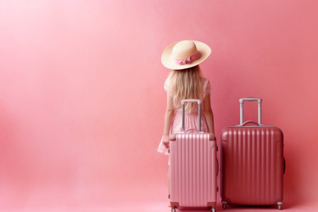 Stressed woman with valise hurrying on pink background Studio shot of running lady with suitcase : Generative AIの素材