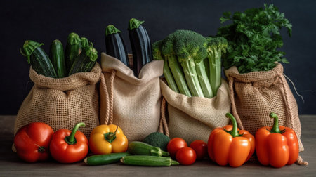 Top view on table string bag with summer healthy tasty vegetables tomatoes radishes Diet concept healthy lifestyle cooking at home concept : Generative AIの素材