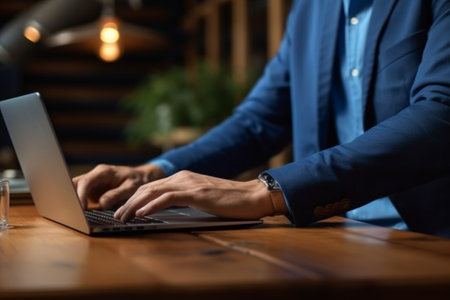 Man in blue shirt using laptop for work typing on keyboard Indoor portrait of male hands on computer and cup of coffee on table : Generative AIの素材