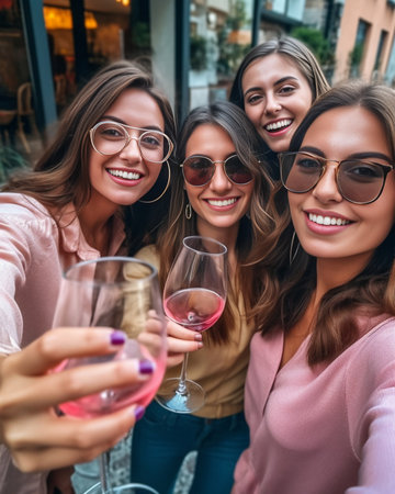 Adorable brunette lady with white manicure clink glasses with friends celebrating birthday in cafe Outdoor portrait of stunning girls spending time with boyfriends in wee : Generative AIの素材