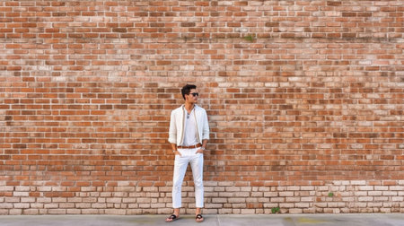 Attractive young caucasian man leaning on brick wall and holding his hand from back Blonde guy wearing casual spring clothes Concept city life : Generative AIの素材