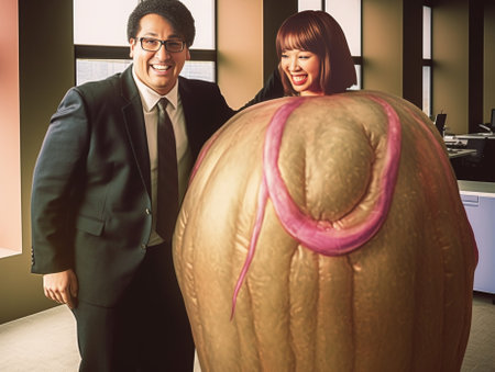 Brunette man in office clothes looks at documents with displeasure Guy is going on journey and posing with pink inflatable circle : Generative AIの素材