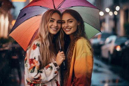 Blissful female models expressing positive emotions during outdoor photoshoot Attractive girls in raincoat embracing on exotic background : Generative AIの素材