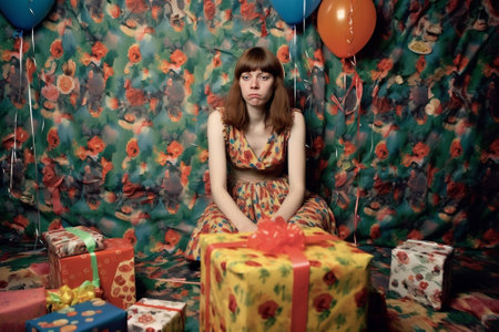 Emotional girl in dress waiting for guests at party Studio portrait of worried woman sitting on sofa with present boxes : Generative AIの素材