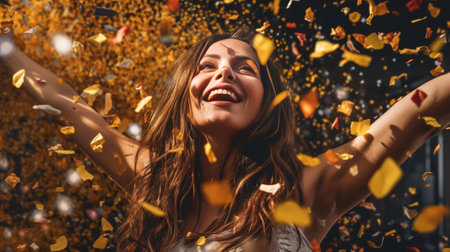 Excited female model in yellow soft sweater standing under confetti Portrait of blithesome woman with straight dark hair : Generative AIの素材