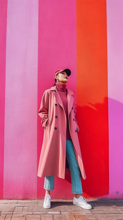 Fulllength shot of lady in midi trench coat coquettishly lifting leg and blowing kiss on pink background : Generative AIの素材