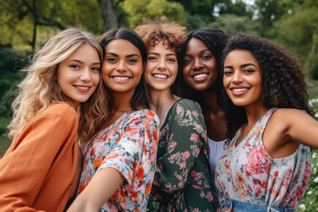 Emotional young tanned girls in stylish dresses take selfie and smile outdoors Brunette woman holds phone Charming ladies have picnic in park : Generative AIの素材