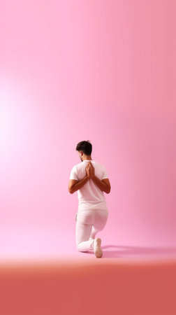 Full length photo of man moving on pink background : Generative AIの素材