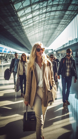 Fulllength portrait of blonde woman in white dress and brunette man in black pants sunglasses denim jacket holding passport pink camera Tourists with suitcases pose near  : Generative AIの素材