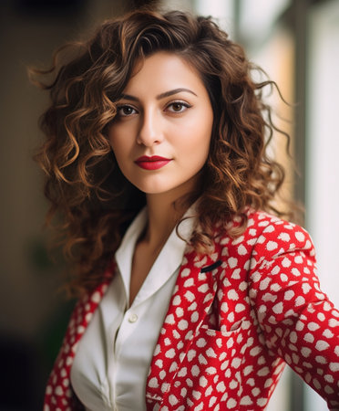 Interested pretty girl posing on light background with shy smile Indoor photo of emotional curly woman wears red ribbon : Generative AIの素材