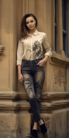 Gorgeous young fairhaired woman posing with hand in pocket isolated on a grunge background Smiling pretty girl with long hair standing in front of the old building : Generative AIの素材