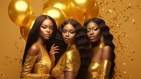 Girls celebrate their birthday and enjoy lot of gifts Ladies in shiny dresses are having fun on gold background : Generative AIの素材