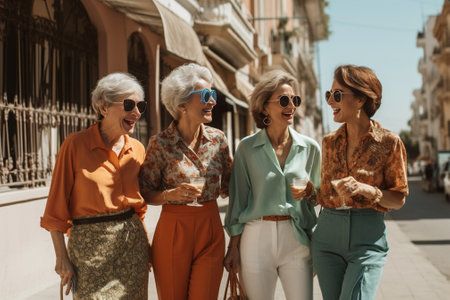 Happy optimistic tourists in stylish floral blouses sincerely smile and look at map Charming girls in sunglasses walk in city center : Generative AIの素材