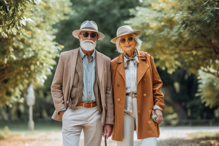 Grey haired man with mustache in glasses and long sleeve shirt with camera looking away with woman in hat and striped clothes with map in hands in park : Generative AIの素材