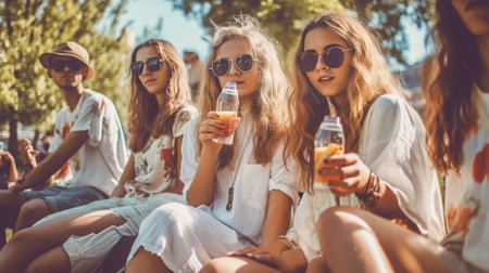 Group of pretty young caucasian people with drinks gathered at picnic table in park Girlfriends have fun together Real emotions concept : Generative AIの素材