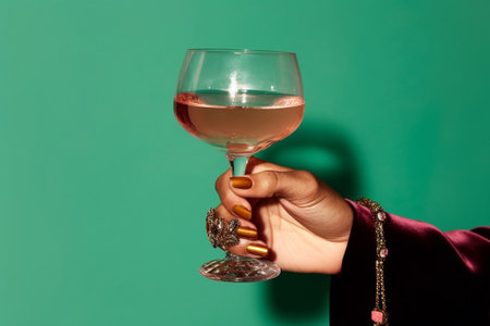 Photo of martini glass with olive in hand on pink background : Generative AIの素材