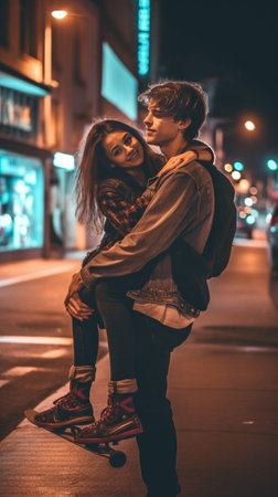 Handsome guy is hugging pretty girl with long hair and kissing her in cheek on blue background in studioThey hold skateboards and look happy : Generative AIの素材