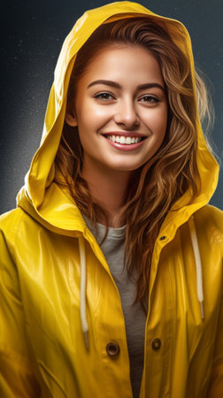 Indoor portrait of charming girl looking up during rainy weather Studio shot of caucasian pale woman in yellow jacket posing with parasol and happy face expression : Generative AIの素材