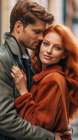Romantic girl in vintage orange sweater posing on husbands back on blur street background Young caucasian man in stylish casual attire holding girlfriend and smiling in s : Generative AIの素材
