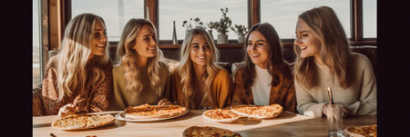 Inspired girls sitting on table and eating pizza Laughing young ladies in stylish pajamas fooling around and enjoying breakfast : Generative AIの素材