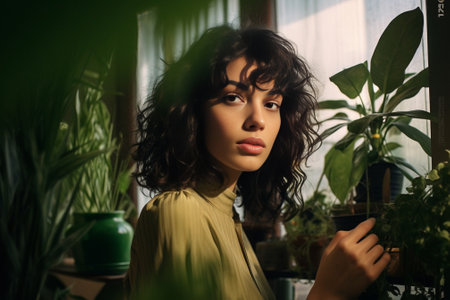 Pensive young woman with shiny curly hair sitting in fashion store near big window Indoor portrait of elegant serious girl in hat posing beside green plant and propping f : Generative AIの素材