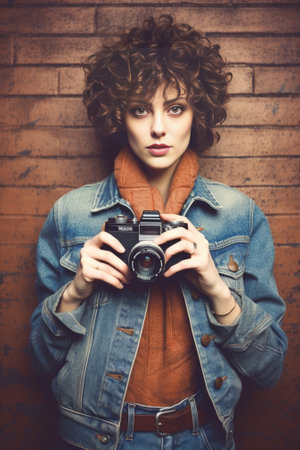 Nice girl with red lipstick photographs on retro camera Portrait of woman in warm short coat jeans and knitted hat on gray background : Generative AIの素材