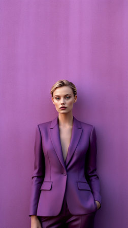 Pleasant blonde woman posing on bright background with gently smile Portrait of debonair lady standing in front of purple wall : Generative AIの素材