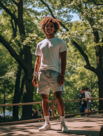 Joyful cool darkskinned man in white tshirt and blue shorts sits on yoga mat in park holds phone and takes selfie outdoors : Generative AIの素材