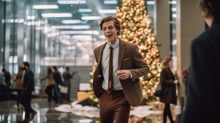 Laughing young man in trendy costume enjoying new year party Smiling office worker holding christmas tree : Generative AIの素材