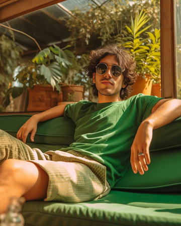 Optimistic man in green shirt and beige shorts looking into camera and showing on his smartphone Portrait of guy in sunglasses sitting on chair with suitcase beer inflata : Generative AIの素材