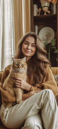 Relaxed smiling girl playing with her fluffy cat Indoor shot of amazing lady holding pet : Generative AIの素材