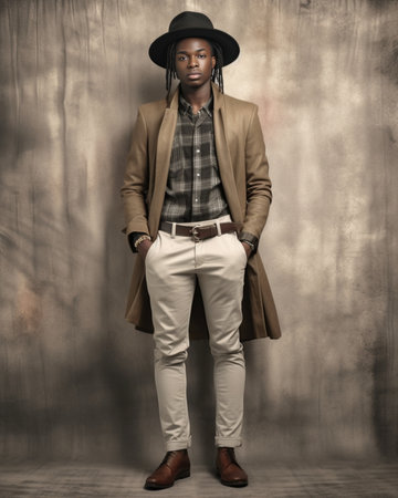 Serious african young man posing on urban background with arms crossed Pensive guy wears round hat standing in confident pose near wall : Generative AIの素材