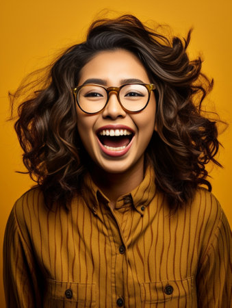 Pretty brunette girl in casual shirt expressing positive emotions on claret background Studio shot of cheerful curly young lady in glasses : Generative AIの素材