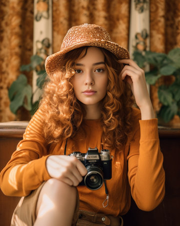 Red haired woman in velvet cap poses on orange background Stylish girl with curly hair in eyeglasses and brown hat smiling : Generative AIの素材