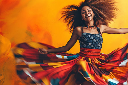 Lovely girl in colorful attire dancing with smile Refined caucasian woman playing with her orange skirt : Generative AIの素材
