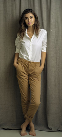 Positive stylish girls with brunette hairstyle in beige cool pants white sneakers and olive shirts smiling and looking into camera : Generative AIの素材